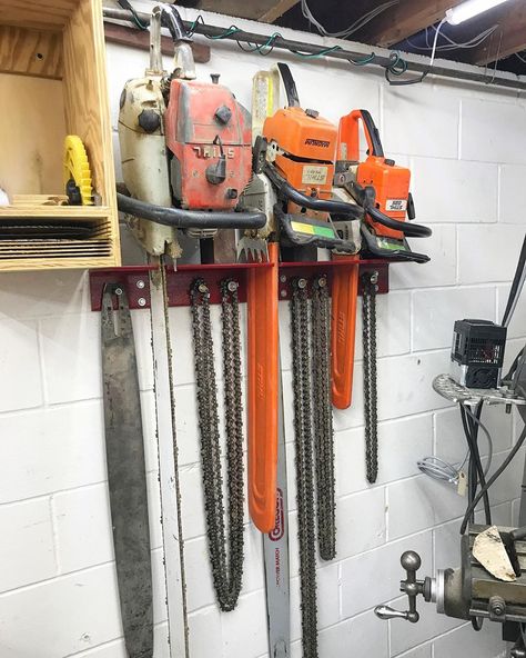 Matt Cremona on Instagram: “Chainsaw storage rack is done! Video on how I made it is up on my YouTube channel.  Link in my profile 👉@mattcremona👈” Chainsaw Organization, Chainsaw Rack, Chainsaw Storage Ideas, Chainsaw Storage, Garage Organization Tips, Garage Organisation, Storage Shed Organization, Garage Workshop Organization, All Ideas