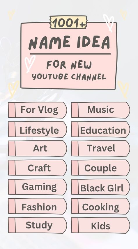 YouTube Channel Name Ideas Cute Vlog Channel Names, Name Suggestions For Youtube Channel, Youtube Channel Name Ideas For Family, Unique Yt Channel Names, Youtube Names For Besties, Art Youtube Channel Name Ideas, Youtube Channel Name Ideas For Fashion, Catchy Youtube Channel Names, Youtube Channel Name Ideas For Gaming