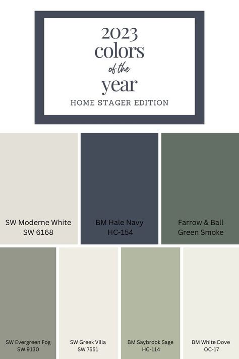 Transitional Whole House Color Scheme, Top Home Paint Colors 2023, 2023 Paint Trends Interiors, Navy Bathroom Color Scheme, Main Wall Color Ideas, Cabin Wall Color Ideas, Farmhouse Dining Room Paint Color Ideas, Lodge Wall Colors, Whole House Paint Pallet Sherwin Williams