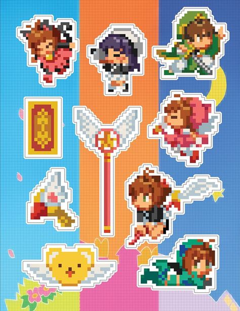 Sakura Card Captor, Pearl Beads Pattern, Tiny Cross Stitch, Perler Art, Perler Bead Templates, Melting Beads, Sakura Card, Card Captor, Pixel Pattern