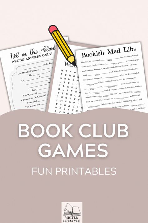 If you're in a book club, you'll love these printable book club games. Find mad libs, word search games and other printable party games for book lovers at Writer Lifestyle on Etsy. Book Club Conversation Starters, Book Games Adults, Book Themed Party Games, Games For Book Club, Book Club Retreat Ideas, Book Club Craft Ideas, Book Club Retreat, Book Themed Games, Book Club Ideas Hosting Games