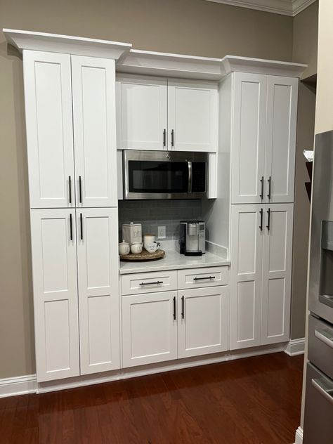 Kitchen Pantry Design Ideas Built Ins, Pantey Cabinets, Extra Cabinets In Kitchen, Built Ins For Kitchen, Kitchen Floor To Ceiling Cupboards, Floor To Ceiling Pantry Cabinets Storage, Built In Pantry Cabinet Wall With Microwave, Built In Pantry Cabinet Wall With Refrigerator, Shallow Cabinet Wall