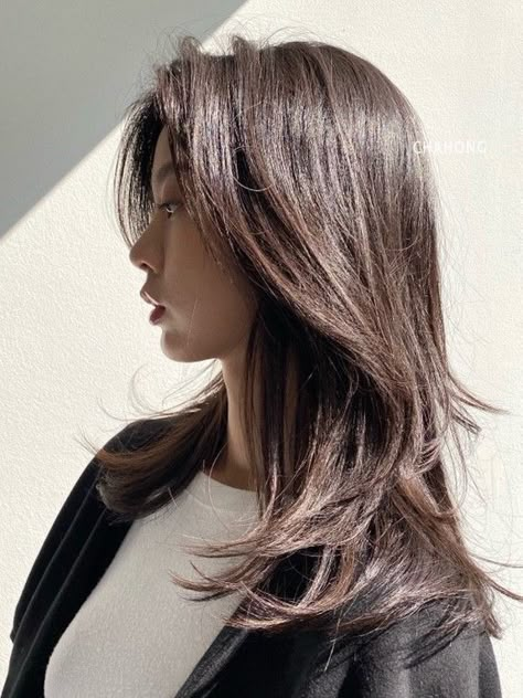 Asian Layer Hair, Layers For Medium Length Hair Asian, Korean Aesthetic Haircut, Mid Length Hair Asian Straight, Asian Layered Hair Medium Round Faces, 360 Haircut Long Hair, Korean Medium Hair Layered, Medium Haircut Asian, Thick Asian Haircut