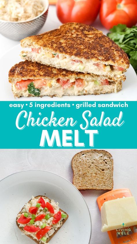 Chicken salad grilled cheese levels up a favorite comfort food sandwich with chicken salad for extra protein to keep you satisfied. You'll love this chicken salad melt for lunch or dinner. Only 5 ingredients, everyone will love this easy grilled sandwich. Chicken Salad Melt, Grilled Chicken Salad Sandwich, Chicken Melt Sandwich, Sandwich With Chicken, Cheesy Sandwich, Chicken Melts, Extra Protein, Chicken Salad Sandwich, Refreshing Food