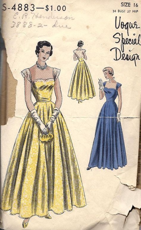 Ball Gown Pattern, 40s Wedding, Vintage Fashion Sketches, Vintage Clothes Patterns, Vintage Ball Gowns, Circular Skirt, Vintage Vogue Patterns, Vintage Vogue Sewing Patterns, Dress Illustration