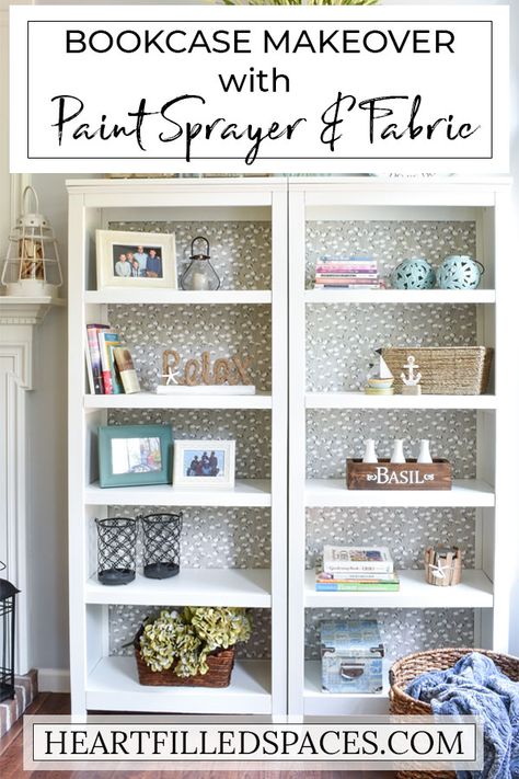 Learn how to paint your old bookcases and make them farmhouse beautiful! This DIY project can go quickly with my helpful tips on how to spray paint furniture. For extra style and detail add a Shabby Chic gray and white fabric backing with my quick tutorial. #bookcase #paintedfurniture #shelves #shelfie #paint #diyhomedecor #shabbychic #farmhouse Bookcase Upgrade, Bookshelf Upgrade, Diy Bookcase Makeover, Painted Bookshelf, Bedroom Solutions, Styled Shelves, Bookcase Makeover, Bookshelf Makeover, Painting Bookcase