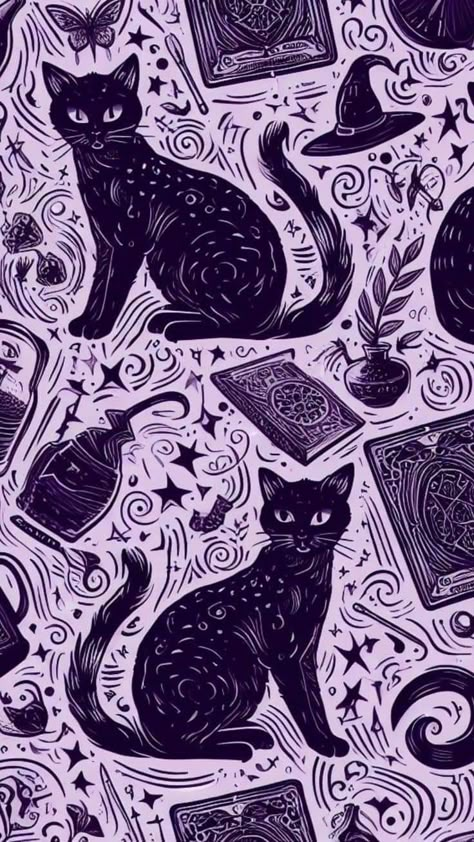 Black Cat Purple Background, Purple Cat Background, Magic Cat Wallpaper, Witchy Ipad Wallpaper, Purple Phone Backgrounds, Purple Witchy Wallpaper, Art Wallpaper Purple, Tablets Wallpapers, Black Cat Wallpaper Aesthetic