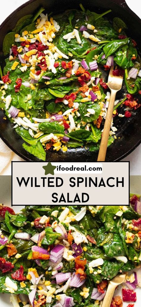 Wilted Spinach Salad recipe with warm bacon dressing, eggs, and red onion is the delicious side dish or light lunch you didn’t know you were missing. Warm Spinach Salad With Bacon, Warm Bacon Spinach Salad, Spinach Salad With Warm Bacon Dressing, Spinach Recipes Salad, Wilted Spinach Salad With Bacon, Wilted Salad Recipe, Spinach Sides, Wilted Salad, Warm Spinach Salad