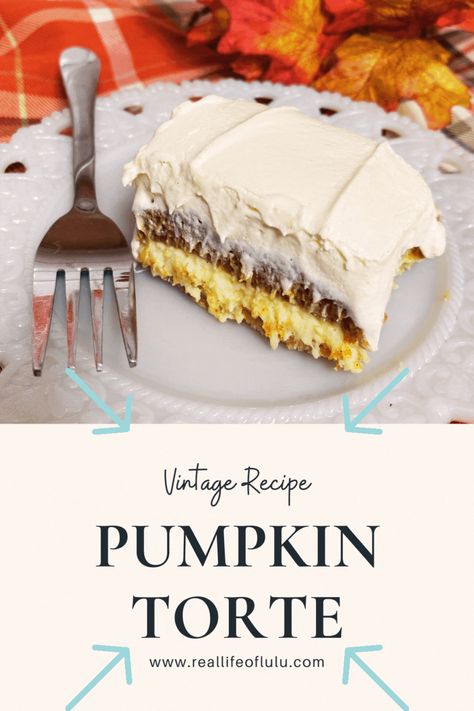 This Pumpkin Torte is like a fall party in a pan! It's got a spiced pumpkin layer sandwiched between a buttery graham cracker crust and topped with cool whip. Easy to make and perfect for potlucks or just a cozy night in. It's great for fall dessert, Thanksgiving dessert, or anytime you're craving a pumpkin dessert. Pumpkin Torte, Heavenly Dessert Recipe, Yummy Lunch Recipes, Layered Pumpkin Dessert, Dessert Thanksgiving, Quick Cookies Recipes, Pumpkin Oatmeal Cookies, Pumpkin Cake Recipes, Torte Recipe