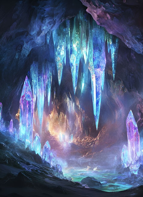 Crystal City Fantasy Art, Crystal Interior Design, Crystal Cave Aesthetic, Cave With Water, Cave Aesthetic, Aesthetic Crystals, Giant Crystal, Crystal Caves, Crystals Design