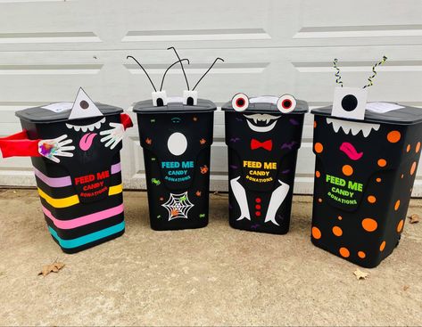 Candy Monster Donation Trash Can, Trash Can Monster, Candy Monster Donation Bin, Candy Monster Donation, Candy Monster Trash Can, Candy Donation Box Ideas Halloween, Candy Donation Box Ideas, Donation Boxes, Halloween Boxes