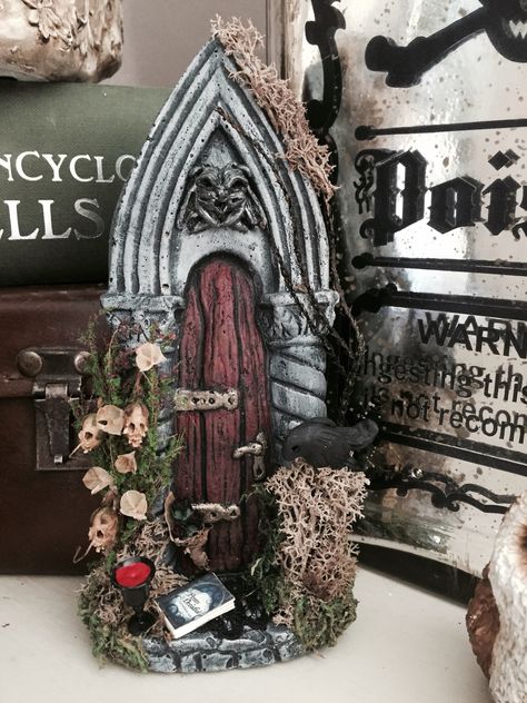 Beautiful gothic fairy door made by me 😊 find me on Facebook @Fairy Things by Toni Louise Gothic Fairy House, Gnome Doors, Dark Crafts, Large Fairy Garden, Cardboard Construction, Halloween Fairy Garden, Fairy Tales Unit, Evil Fairy, Fairy Things