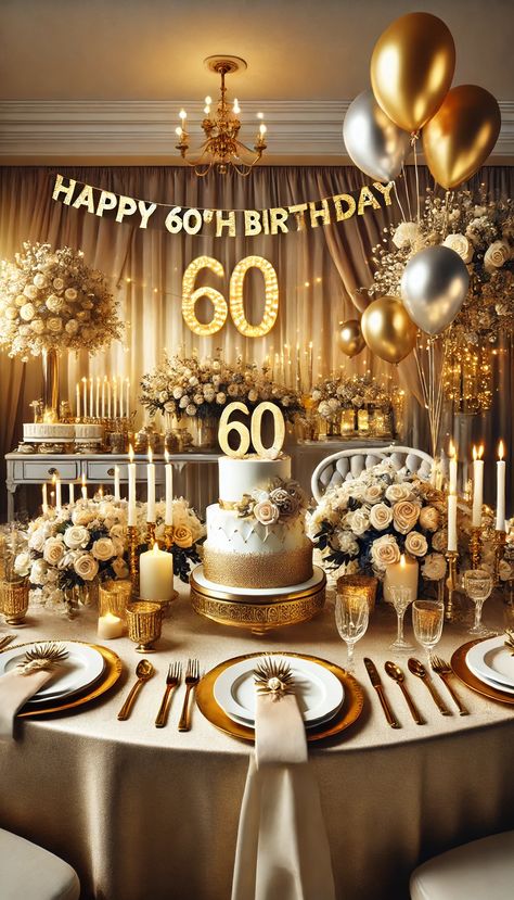 🎉 21 Show-Stopping 60th Birthday Decoration Ideas You Need to Try! 🎂 Center Piece For 60 Birthday Party, 60 Bday Party Ideas For Mom, 60th Birthday Dinner Party Ideas, 60th Birthday Decoration Ideas, 60th Birthday Celebration Ideas, Gold And Silver Balloons, 60th Birthday Ideas For Mom Party, 60th Birthday Party Themes, 60th Birthday Theme