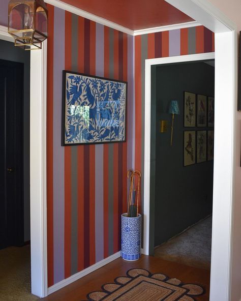 The Farrow & Ball wallpaper this entry way project was based off cost about $230 a roll, which was like no where near in budget. With paint… | Instagram Entry Ways, Maximalist House, Maximalist Wallpaper, Farrow & Ball Wallpaper, Apartment Goals, Striped Walls, Room Design Bedroom, Farrow Ball, Home N Decor