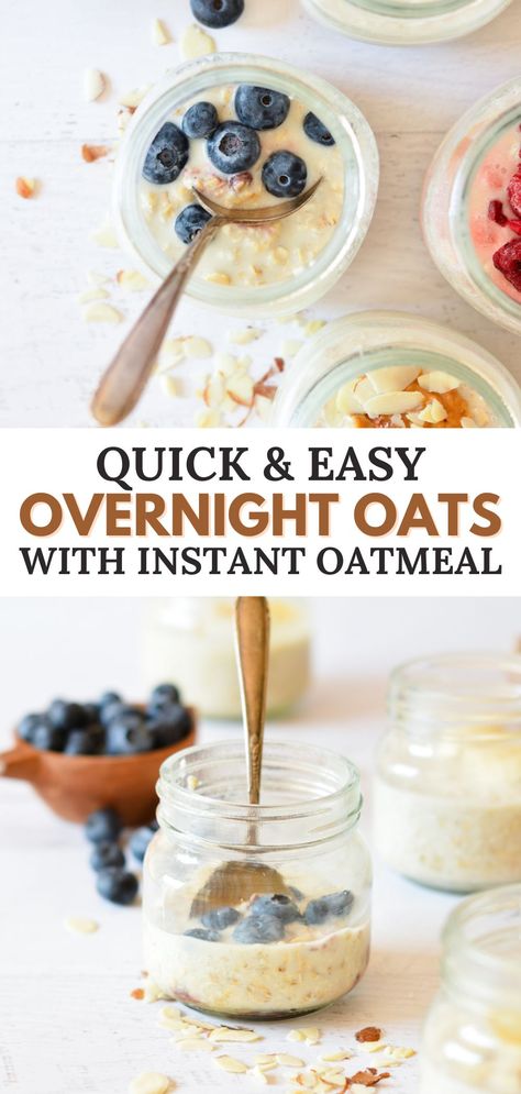 overnight oats with blueberries on top Packet Oatmeal Recipes, Oatmeal Packets What To Do With, Quaker Instant Oatmeal Recipes, Overnight Oats With Packet Oatmeal, Recipes With Instant Oatmeal Packets, Instant Overnight Oats Recipes, Instant Overnight Oats, Plain Overnight Oats Recipe, Recipes With Oatmeal Packets