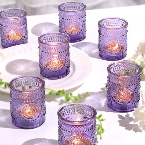 PRICES MAY VARY. 🌺HIGH QUALITY AND 24PCS VINTAGE CANDLE HOLDER 🌺: These charming purple candle holders are made of thick & strong glass, which are durable and not easy to break. Each order will consist of 24 pcs glass votives .(Candles Excluded), 🌺CUTE SIZE🌺: The cute votive tealight candle holder's 2.1ʺ diameter (top) and 2.6ʺ height approximately. We recommend to use the votives, tea lights, LED tea light, floating tea light candles. 🌺VINTAGE STYLE🌺: Each candle holders feature beauty, r Floating Tea Light Candles, Purple Candle Holders, Lila Party, Lavender Baby Showers, Purple Centerpieces, Purple Candles, Baby Shower Purple, Green Baby Shower, Purple Party