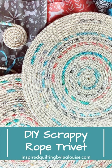 Looking for home décor ideas or handmade gifts? Give this DIY Rope Trivet a try! Sewing a Rope Trivet with Scrap Fabric is fast & easy with this ‘how to’ sewing tutorial. You'll love this scrappy DIY rope trivet with scrap fabric! Do you have some clothesline rope? Clothesline Rope Projects are perfect for making clothesline rope scrap fabric projects like hot mats, trivets, coasters, place mats, bowls and rugs. Trivets Diy Fabric, How To Make Rope Trivets, How To Make Rope Baskets, Rope Coasters Diy Tutorials, Rope Trivet Diy, Clothesline Rope Crafts, Rope Placemats Diy, Rope Coasters Diy, Macrame Scraps