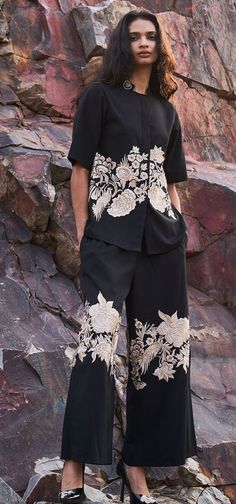 Black Silk Shirt, Floral Embroidered Shirt, Dash And Dot, Beautiful Casual Dresses, Trendy Fashion Tops, Stylish Party Dresses, Indian Designer Wear, Western Dresses, Kurti Designs