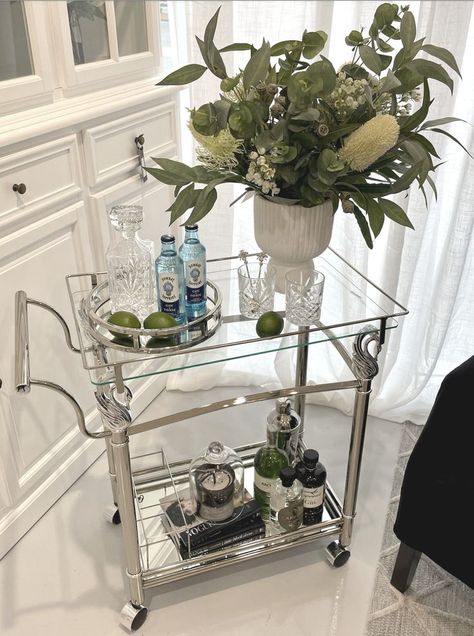 Hamptons Home Decor, Silver Bar Cart, Bar Cart Styling, Silver Swan, Drinks Trolley, Fragrant Candles, Drinks Tray, Sophisticated Decor, Bar Mirror