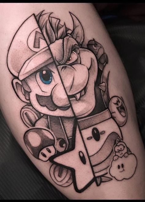 Super Mario Tattoo Ideas Black And White, Mario Ghost Tattoo, Yoshi Tattoos, Mario Mushroom Tattoo, Trippy Mushroom Tattoo Design, Healer Tattoo, Mushroom Tattoo Design, Super Mario Tattoo, Mario Tattoo