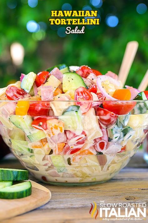 Hawaiian Tortellini Salad | The Slow Roasted Italian | Bloglovin’ Hawaiian Pasta, Hawaiian Pasta Salad, Hawaiian Salad, Salads Ideas, Pasta Salad With Tortellini, Resep Salad, The Slow Roasted Italian, Tortellini Pasta, Tortellini Salad