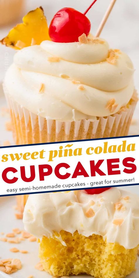 These piña colada cupcakes are the perfect blend of fluffy, soft, and moist. Topped with a swirl of vanilla buttercream frosting, and garnished with pineapple and a maraschino cherry, they taste like a sweet and coconut-y piña colada cocktail, and are perfect for Spring and Summer! Funky Cupcakes, Cupcake Store, Wendy's Frosty, Pina Colada Cupcakes, Coconut Cream Cheese Frosting, Pineapple Cupcakes, Unique Cupcakes, Fancy Cupcakes, Cake Trends