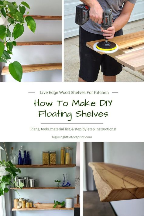 Floating shelves are an easy way to add storage space or display items without taking up valuable floor space. This post will cover how to make DIY floating shelves using live edge wood, including all the tools and materials necessary. Diy Live Edge Floating Shelves, Diy Floating Plant Shelf, Diy Small Floating Shelves, Diy Rustic Floating Shelves, Diy Wood Floating Shelves, Diy Floating Shelves Easy, Live Edge Wood Shelves, Live Edge Floating Shelves, Floating Shelf Plans