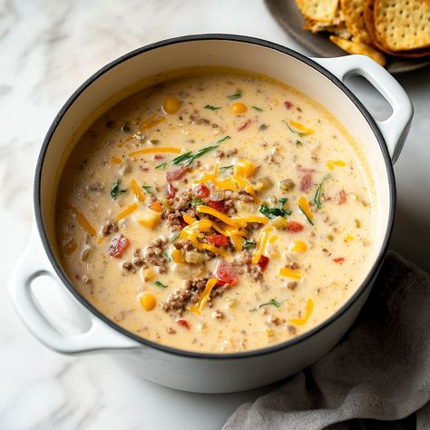 Easy Cheeseburger Soup, Creamy Garlic Chicken Recipes, Garlic Chicken Recipe, Cheese Burger Soup Recipes, Dinner Quick, Soup With Ground Beef, Creamy Garlic Chicken, Creamy Garlic Sauce, Cheeseburger Soup