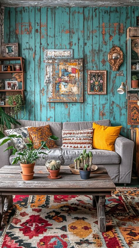 Rustic teal blue living room with vintage decor, gray sofa, colorful rugs, wood coffee table, and potted plants. Colorful Farmhouse Living Room, New Orleans Living Room, Thrifted Living Room, Boho Mid Century Modern Living Room, Inviting Home Decor, Colorful Boho Living Room, Cozy Eclectic Living Room, Teal Sofa Living Room, Books And Candles