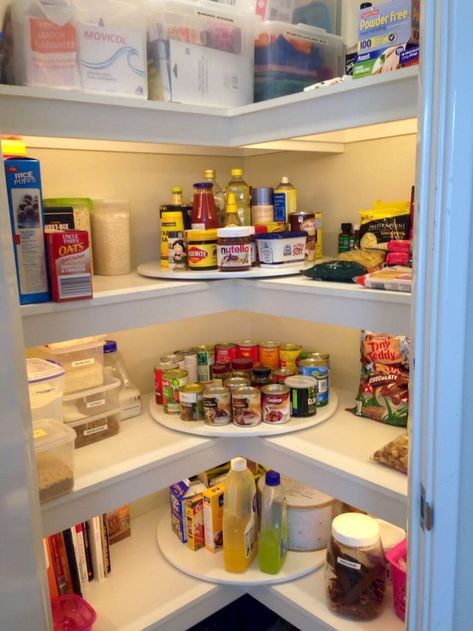 Well-Lit Pantry Organization Ideas Shelving Inspiration, Corner Pantry Organization, L Shaped Pantry, Rotating Shelves, Best Kitchen Organization, Kitchen Diy Ideas, Remodeling On A Budget, Pantry Organisation, Corner Pantry