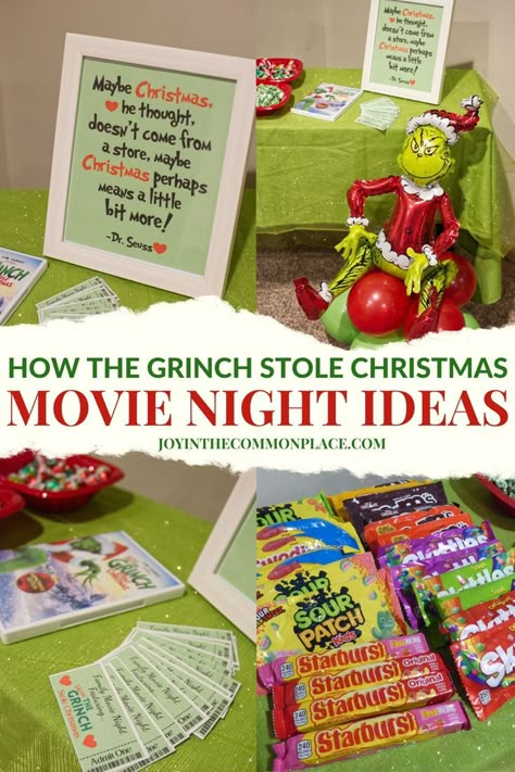 The Grinch movie night with candy bar and printables Elf On The Shelf Grinch Movie Night, Grinch Christmas Movie Night, The Grinch Movie Night Food Ideas, Grinch Movie Party, Christmas Movie Night Ideas, Movie Night Sign, Grinch Movie Night, Themed Breakfast, Grinch Night