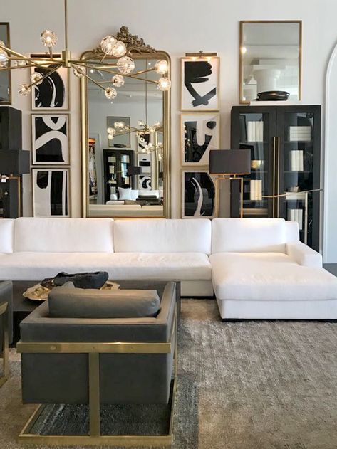 Restoration Hardware Living Room, Gold Interior Design, Black And Gold Living Room, Luxe Living Room, Gold Living, Black And White Living Room, Gold Rooms, Gold Living Room, Glam Living Room