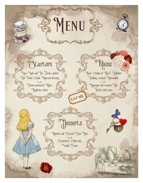 Alice in Wonderland themed wedding menu Wedding Alice In Wonderland Theme, Alice In Wonderland Menu Ideas, Wedding Alice In Wonderland, Wonderland Theme, Alice In Wonderland Dinner, Alice In Wonderland Dinner Party, Alice In Wonderland Party Food, Alice In Wonderland Themed Party, Alice In Wonderland Food