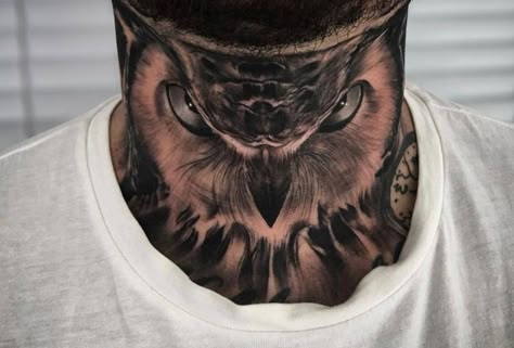 Neck Throat Tattoo For Guys, Mens Front Neck Tattoos, Owl Neck Tattoo Men, Throat Tattoo Men Ideas, Owl Throat Tattoo, Full Throat Tattoo Men, Lion Neck Tattoo, Front Neck Tattoos For Men, Men’s Neck Tattoos