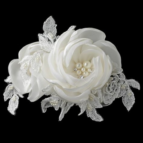 A stunning bridal headpiece featuring ivory lace delicately beaded with faux pearls and a satin flower with pearls & rhinestones in the centre. Flower Girl Headpiece, Fabric Rose, Bridal Wedding Hair, Wedding Hair Clips, Satin Roses, Fabric Roses, Pearl And Lace, Crystal Headband, Silk Ribbon Embroidery