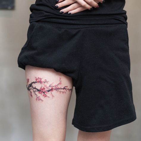 Sakura Leg Tattoo, Cherry Blossom Knee Tattoo, Watercolor Bracelet Tattoo, Cherry Blossom Tattoo On Thigh, Cherry Blossom Tattoo Leg, Cherry Blossom Thigh Tattoo, Cherry Blossom Tattoo Thigh, Plum Blossom Tattoo, Sakura Tattoo