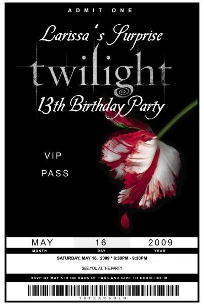 Twilight party invitation and name badge! Twilight Bella And Edward, Twilight Party, 17th Birthday Ideas, Twilight Funny, Twilight Book, Bday Invitations, 13th Birthday Parties, Twilight Movie, Birthday Party 21