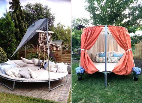 DIY: How to transform your old trampoline into a super-cosy 'summer hideout' Old Trampoline Frame Ideas Diy, Trampoline Shade Diy, Upcycled Trampoline Ideas, Trampoline Frame Ideas, Trampoline Repurpose Ideas, Trampoline Upcycle Ideas, Trampoline Upcycle, Repurposed Trampoline, Bird Avery