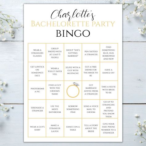 Bachelorette Bingo Gold Hen Party Game Challenge Bachelorette Bingo, Bingo Books, Road Trip Bingo, Free Printable Bingo Cards, Bingo Games For Kids, Bingo Online, Free Bingo Cards, Gold Bachelorette Party, Bingo Template