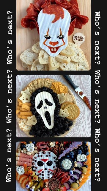 Scary Movie Charcuterie Board, Ghostface Cheese Board, Halloween Prosciutto Skull, Scream Face Brie, It Themed Food, Jason Charcuterie Board, Ghost Face Cheese Board, Skeleton Brie Cheese, Michael Myers Themed Food