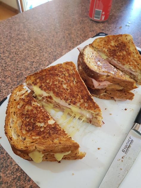 [Homemade] I finally ran out of Christmas leftovers and got to use my new knives I got. Ham and cheese toasties. #food #foods Toastie Aesthetic, Ham And Cheese Toastie, Cheese Toasties, Cheese Toastie, Christmas Leftovers, Homemade Breakfast, Dessert Pictures, Dinner Wedding, Gluten Free Cooking