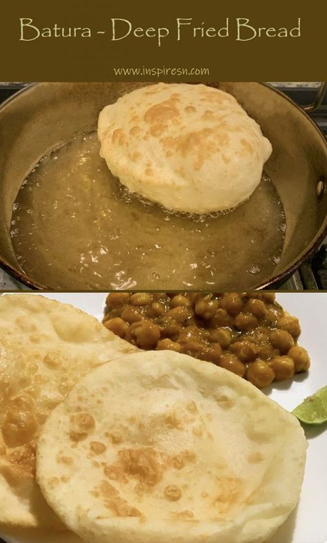 Batura Deep Fried Bread Batura Recipe, Deep Fried Bread, Quinoa Pilaf, Chole Bhature, Deep Fried Appetizers, Fried Bread, All Food Recipes, Fry Bread, Chicken Gravy