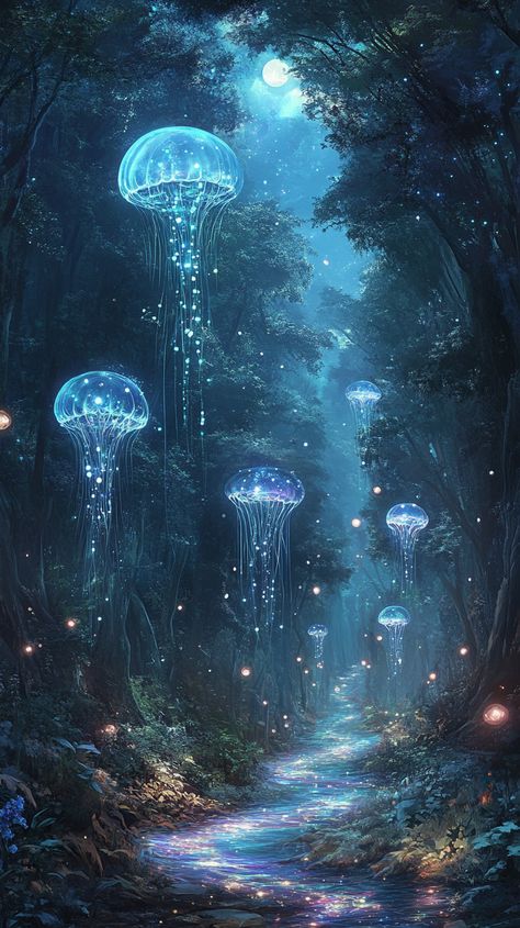 A whimsical forest with trees made of glass, glowing jellyfish floating above, and a river of stardust, bathed in the light of a two-moon sky. Sky Jellyfish, Fantasy Jellyfish, Floating Jellyfish, Moon Jellyfish, Glass Trees, Colors Inspiration, Water Reflection, Blue Flame, Blue Flames