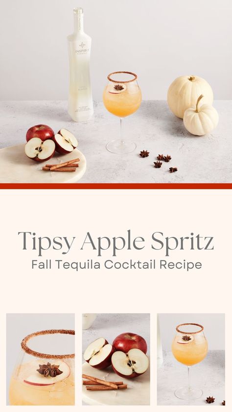 A series of photos showing an orange drink with apple + star anise garnish. Photos show apple slices, cinnamon, + a cocktail. Text overlay reads Tipsy Apple Spritz Fall Tequila Cocktail Recipe Apple Simple Syrup, Tequila Spritzer, Cinnamon Sugar Rim, Fall Drink Recipes, Simple Cocktail, Tequila Cocktail, Fall Cocktail, Cocktail Ideas, Cocktail Recipes Easy