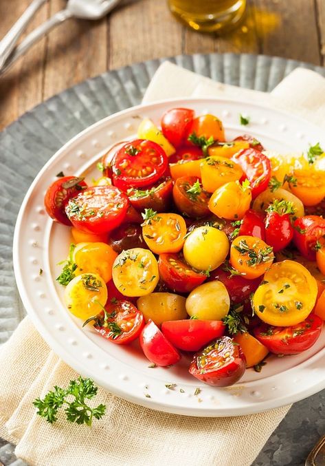 Red and Yellow Cherry Tomato Salad with Fresh Herbs - The Vegan Atlas Yellow Cherry Tomatoes Recipes, Cherry Tomatoes Recipes, Yellow Cherry Tomatoes, Salad With Fresh Herbs, Growing Cherry Tomatoes, Cherry Tomato Salad, Cherry Tomato Recipes, Yellow Tomatoes, Brunch Casserole