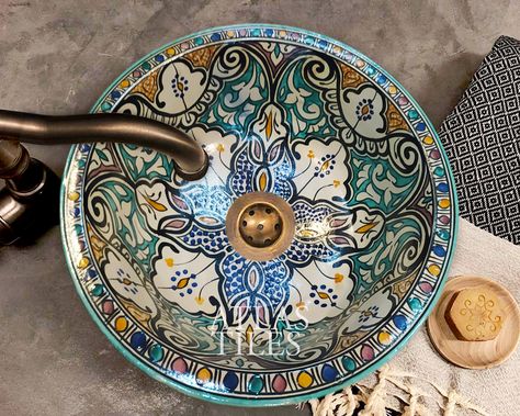 Sinks For Bathroom, Sink For Bathroom, Moroccan Sink, Custom Sinks, Drop In Sink, Traditional Tile, Indoor Design, Sink Vanity, Pottery Handmade