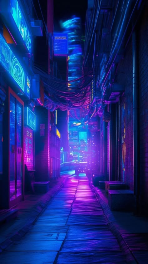 Blue Cyberpunk Wallpaper, Purple And Blue Aesthetic, Blue And Purple Aesthetic, Neon Blue Background, Purple Blue Aesthetic, Panel Drawing, Cyberpunk Landscape, Neon Stage Design, Blue Purple Neon Aesthetic