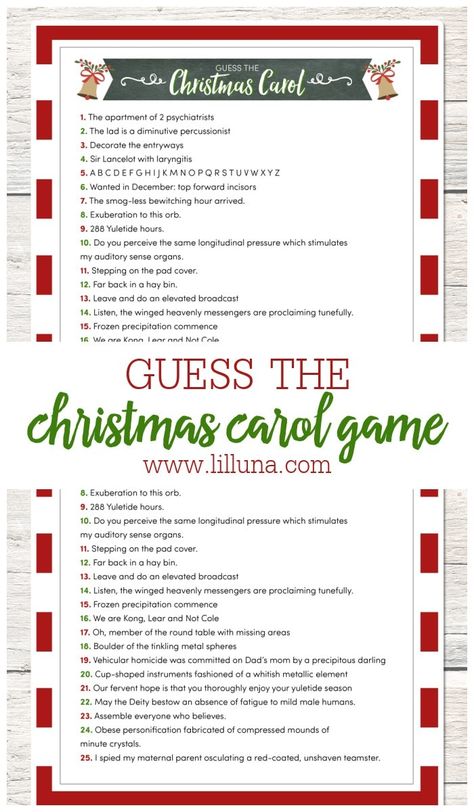 Guess the Christmas Carol Game - use the clues to guess the carol. A fun, FREE, game to use at your next Christmas party! #christmas #christmasgame #freeprintable #christmasprintable Christmas Jeopardy Questions, Christmas Games 2022, Christmas Jeopardy Questions And Answers, Christmas Pictures Diy, Jeopardy Questions And Answers, Coastal Farmhouse Christmas, Employee Christmas Party, Christmas Game Night, Sock Party