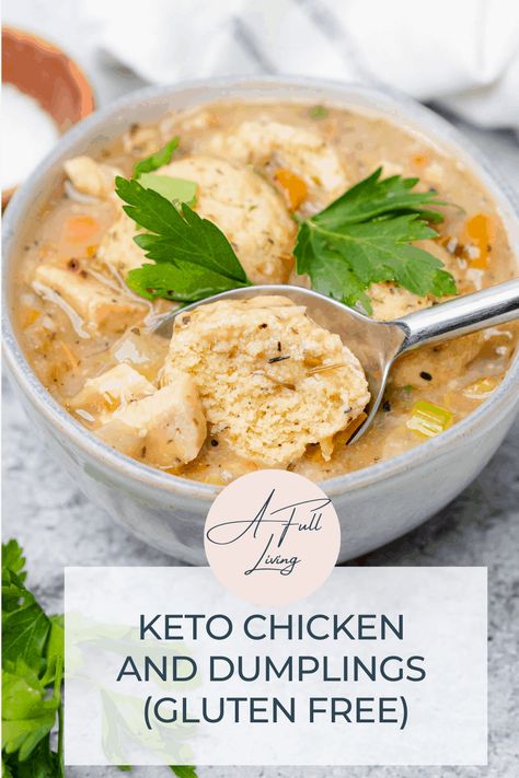 These gluten free and keto chicken and dumplings are just as good as traditional chicken and dumplings, without all the extra carbs! This recipe is total comfort food, and it's they're ready in under an hour in one skillet. #OneSkilletMeal #KetoChickenandDumplings #GlutenFreeChickenandDumplings #EasyChickenandDumplings #ChickenandDumplings Low Carb Dumplings, Chicken And Dumplings Gluten Free, Keto Chicken And Dumplings, Keto Chicken Soup, Recipes Using Rotisserie Chicken, Chicken Dumplings Recipe, Crockpot Chicken And Dumplings, Chicken Dumplings, Dumplings Recipe