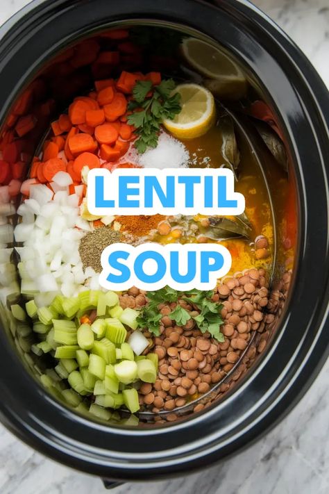 A photo of a  Lentil Soup a crockpot recipes for vegetarians Easy Healthy Lentil Soup, Slow Cooker Lentils Recipe, Soup Recipes Slow Cooker Vegetarian, Lentil Soup In Crockpot, French Lentil Soup Recipe, Crock Pot Lentil Soup Slow Cooker, Lentil Crockpot Soup, Crockpot Soup Vegetarian, Healthy Lentil Recipes Easy